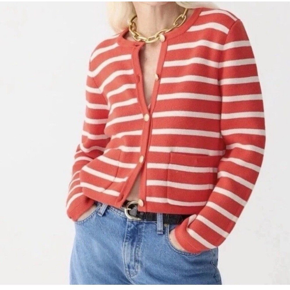 J Crew Cardigan Emilie Lady Sweater Jacket Moroccan Red & Sand Cream Large
